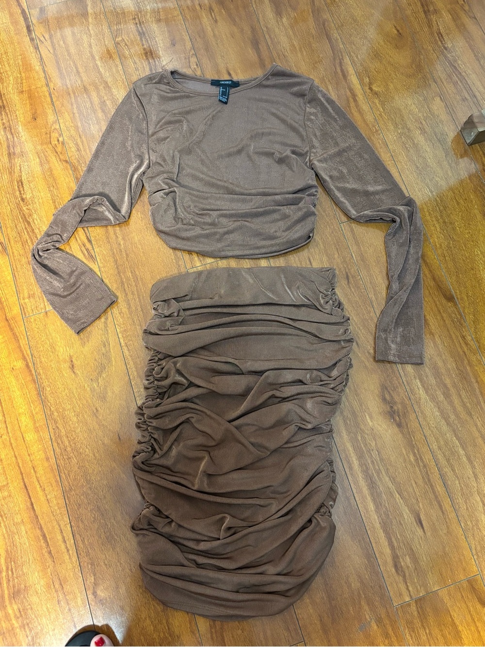 Forever 21 Brown Ruched Two-Piece Skirt Set | Long Sleeve Crop Top | - Picture 6 of 11